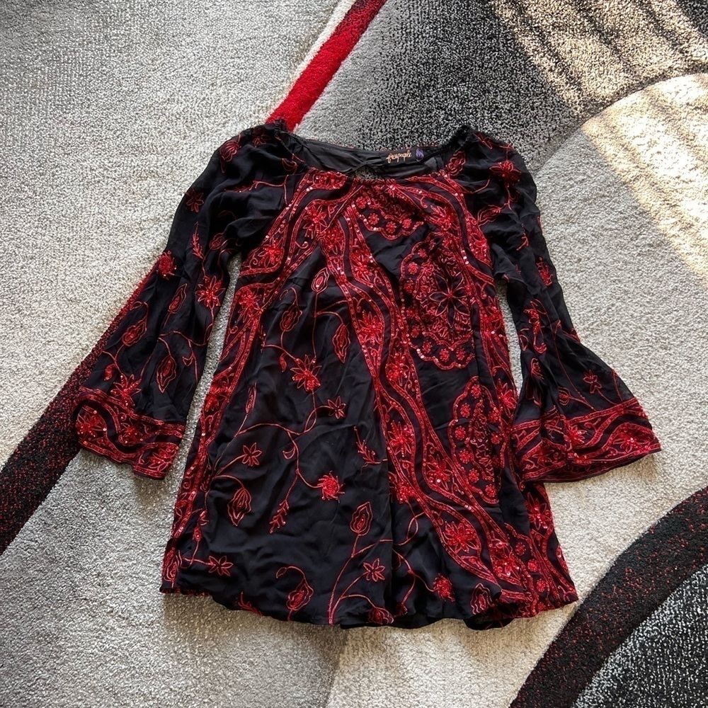 Free People Black Red Sequins Mini Dress